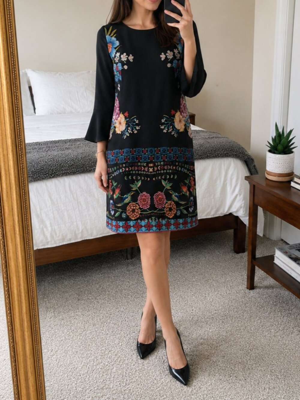 Desigual Black Floral Print Shift Dress Boho Tunic Bell Sleeve Size 36 US Small